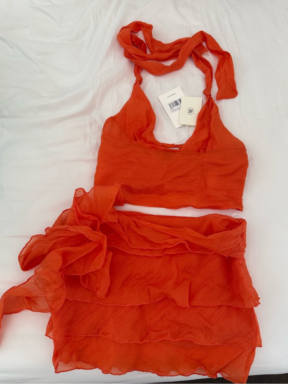Peppermayo Bright Orange Two-Piece Halter Crop Top & Ruffle Mini Skirt
